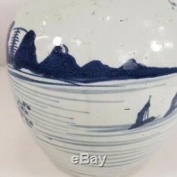 Grand Et Antique Chinois Bleu Blanc Gingembre Pot Avec Paysage Peint 22cm Haut