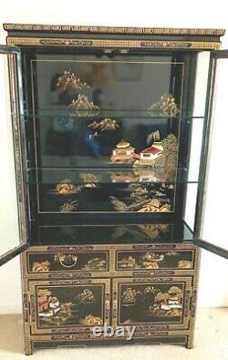 Grand Meuble Chinois Noir Laqué Chinerie Display Cabinet 68 Ins Tall