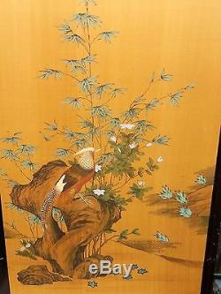 Grand Oiseau Floral Panneau De Soie Aquarelle Peinture Chinoise Signée