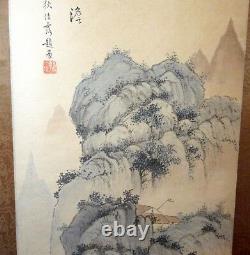 Grand Original Antique Signé Chinois Aquarelle Paysage Scroll Peinture Art