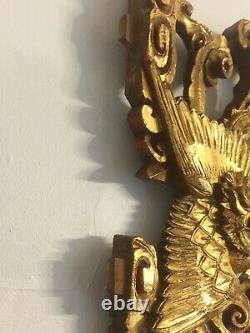 Grand Panneau Chinois Très Sculpté En Bois De Gilt Fragment Partielle Phoenix