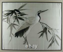 Grand Panneau De Broderie De Soie Chinoise Antique Crane Stork Bird 1920s