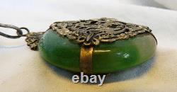 Grand Pendentif Chinois Jade Bi Disque Lourd Antique Avec Argent Métal Dragon & Pearl
