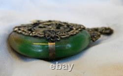 Grand Pendentif Chinois Jade Bi Disque Lourd Antique Avec Argent Métal Dragon & Pearl