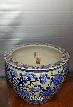 Grand Planteur Chinois Antique De Porcelaine Jardiniere Fish Bowl Pivoies Blanches Bleues