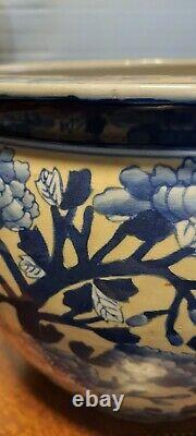 Grand Planteur Chinois Antique De Porcelaine Jardiniere Fish Bowl Pivoies Blanches Bleues