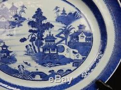Grand Plateau Antique Canton Chinois Bleu Et Blanc Du 19e Siècle 18 Pouces