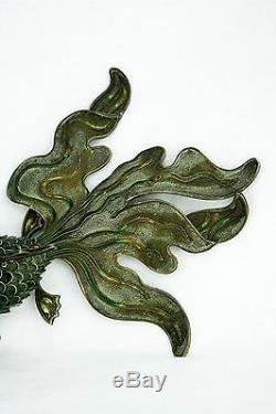 Grand Poisson Koi Articulé Vert Argenté Antique Chinois Émaillé