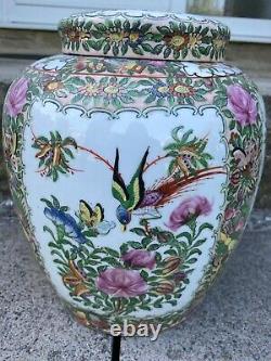 Grand Pot De Gingembre Chinois Famile Rose Avec Des Oiseaux Et Des Fleurs 27cm De Haut