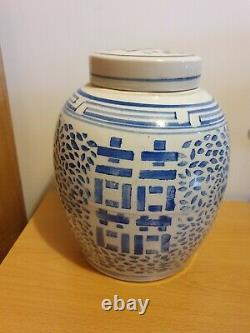 Grand Pot De Gingembre Marqué Bleu Et Blanc Chinois Antique