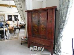 Grand Qing Dynastie Chinoise Rouge Laque 2 Portes Cabinet