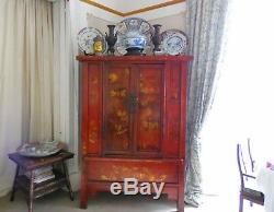 Grand Qing Dynastie Chinoise Rouge Laque 2 Portes Cabinet