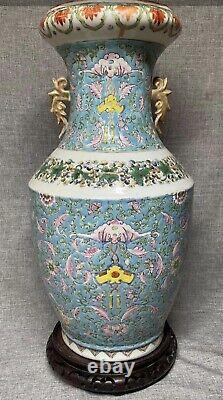 Grand Rare Antique Chinois Famille Rose Porcelaine Fleur & Feuilles Vase Avec Base