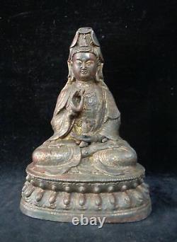Grand Rare Vieux Bronze Chinois Guanyin Bouddha Siège Statue Sculpture