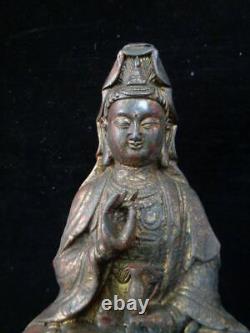 Grand Rare Vieux Bronze Chinois Guanyin Bouddha Siège Statue Sculpture