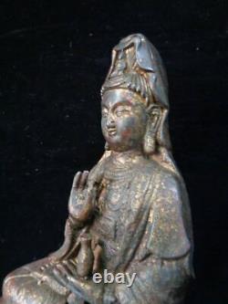 Grand Rare Vieux Bronze Chinois Guanyin Bouddha Siège Statue Sculpture