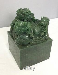 Grand Sceau De Jade Épinard Vert Chinois Bien Sculpté M2430