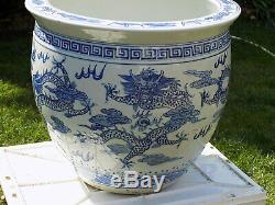 Grand Superbe Porcelaine Chinoise Fish Bowl Planter Peintes À La Main Dragons D 40,5 CM