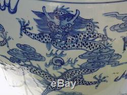 Grand Superbe Porcelaine Chinoise Fish Bowl Planter Peintes À La Main Dragons D 40,5 CM
