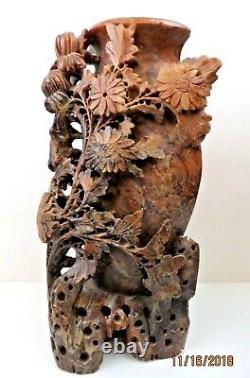 Grand Vase En Pierre À Savon Floral Brun Rouge De 9 Chinois Antique Sculpté À La Main