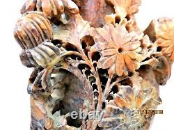 Grand Vase En Pierre À Savon Floral Brun Rouge De 9 Chinois Antique Sculpté À La Main