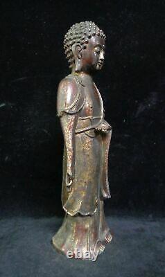 Grand Vieux Chinois Gilt Bronze Shakyamuni Bouddha Statue Sculpture Mark