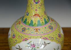 Grand Vieux Chinois Qing Famille Rose Peint Vase En Porcelaine Jaune Moulu
