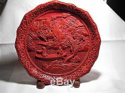 Grand Vintage 9.5 / Antique Chinois Plate Sculpté Cinnabar Laque Romantique Ex ++