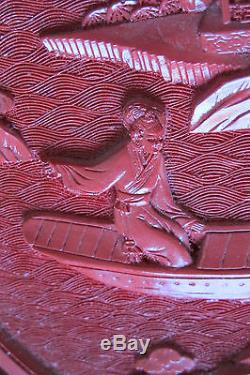 Grand Vintage 9.5 / Antique Chinois Plate Sculpté Cinnabar Laque Romantique Ex ++
