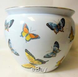 Grand Vtg Porcelaine Chinoise Pot Jardinière Bowl Vase Planter Papillons