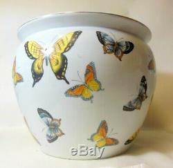 Grand Vtg Porcelaine Chinoise Pot Jardinière Bowl Vase Planter Papillons