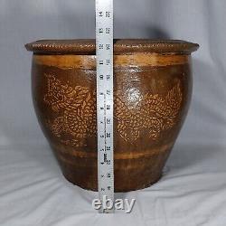 Grand pot de jardinière chinois ancien en glaçure marron avec dragon, 12,5 H X 15 L