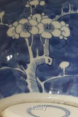Grand pot en porcelaine chinoise bleue sous-couverte de 20 cm avec des fleurs de prunus et un couvercle recollé.