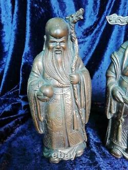 Grand trio de figures en bronze lourd en laiton Fu Lu Shou, Immortels chinois Dieux