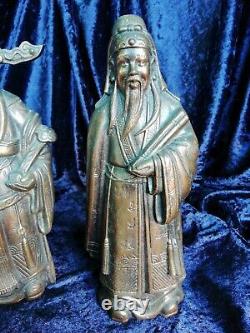 Grand trio de figures en bronze lourd en laiton Fu Lu Shou, Immortels chinois Dieux