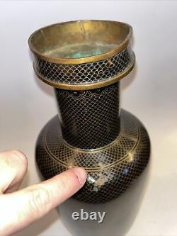 Grand vase de cloisonné chinois ancien noir et or de 12 pouces de haut, trouvaille de succession