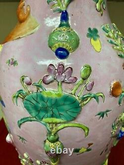 Grande Ancienne Famille Chinoise Rose Rose Sol Levé Objets Précieux Vase