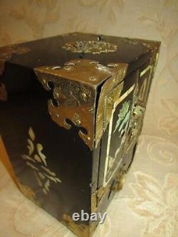 Grande Antique Chinese Brass Bound 4 Tiroirs Boîte À Bijoux Mère De Perle