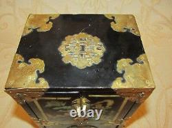 Grande Antique Chinese Brass Bound 4 Tiroirs Boîte À Bijoux Mère De Perle