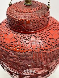 Grande Antique Chinese Qing Période Sculptée Cinnabar Jar Lampe Bronze Base