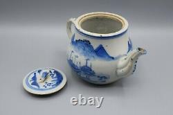 Grande Antique Chinoise Bleue & Blanc Porcelaine Théière Kangxi Revival Qing 19ème C