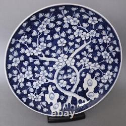 Grande ? Assiette ancienne en porcelaine chinoise Qing bleue et blanche à motif de prunus