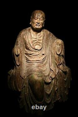 Grande Chanson Chinoise Antique À La Figure De Bouddha En Bois De Dynastie De Ming De Bodhidharma