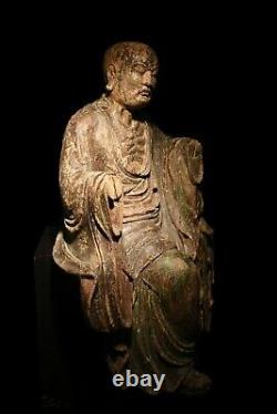 Grande Chanson Chinoise Antique À La Figure De Bouddha En Bois De Dynastie De Ming De Bodhidharma