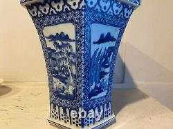 Grande Dynastie Qing Chinoise 9 Bleu Blanc 6 Côtés Antique Vase Planter