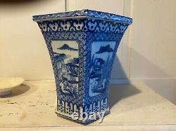 Grande Dynastie Qing Chinoise 9 Bleu Blanc 6 Côtés Antique Vase Planter