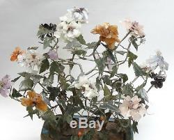Grande Jardiniere Cloisonne Chinoise Antique Qing Avec Arbre A Fleurs En Jade 20x17 H Max.