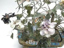 Grande Jardiniere Cloisonne Chinoise Antique Qing Avec Arbre A Fleurs En Jade 20x17 H Max.