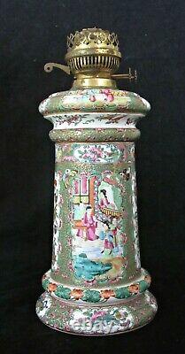 Grande Lampe À Huile Antique Chinoise De Canton De Porcelaine, Mandarine De Rose De Famille, 19ème C