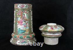 Grande Lampe À Huile Antique Chinoise De Canton De Porcelaine, Mandarine De Rose De Famille, 19ème C
